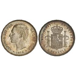 Peseta System: Alfonso Xii - 5 Pesetas. 1878 (*18-78). D.E.-M. Bonita pátina irisada. Brillo origina