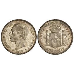 Peseta System: Alfonso Xii - 5 Pesetas. 1879 (*18-79). E.M.-M. Pátina y brillo originales. (Levísimo
