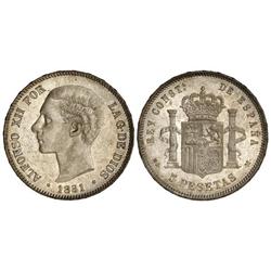 Peseta System: Alfonso Xii - 5 Pesetas. 1881 (*18-81). M.S.-M. Pátina y brillo originales. (Leves ra