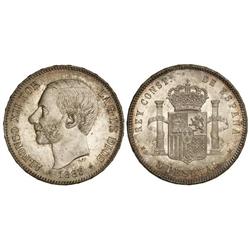 Peseta System: Alfonso Xii - 5 Pesetas. 1883 (*18-83). M.S.-M. Pátina y brillo originales. BELLÍSIMA