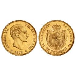 Peseta System: Alfonso Xii - 25 Pesetas. 1876 (*18-76). D.E.-M. (Pequeñas rayitas en anverso). EBC-.