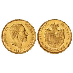Peseta System: Alfonso Xii - 25 Pesetas. 1884 (*18-84). M.S.-M. (Leves rayitas en anverso). EBC+. 