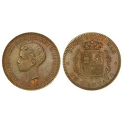 Peseta System: Alfonso Xiii - 1 Centavo de Peso. 1894. MANILA. Restos de brillo y color originales. 