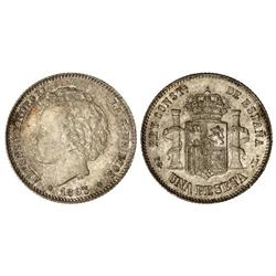 Peseta System: Alfonso Xiii - 1 Peseta. 1893 (*18-93). P.G.-L. Pátina y brillo originales. (Levísimo