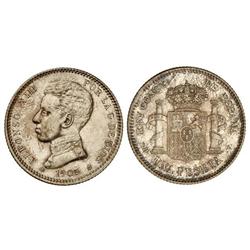 Peseta System: Alfonso Xiii - 1 Peseta. 1905 (*19-05). S.M.-V. RARA ASÍ. EBC. 