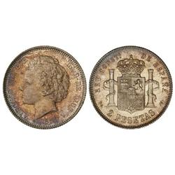 Peseta System: Alfonso Xiii - 2 Pesetas. 1894 (*18-9(4)). P.G.-V. El 4 de la 2ª estrella apenas visi