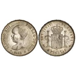 Peseta System: Alfonso Xiii - 5 Pesetas. 1888 (*18-88). M.S.-M. Pátina y restos de brillo originales