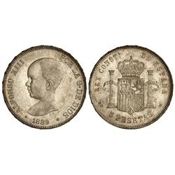 Peseta System: Alfonso Xiii - 5 Pesetas. 1889 (*18-89). M.P.-M. Pátina y restos de brillo original. 