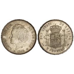 Peseta System: Alfonso Xiii - 5 Pesetas. 1892 (*18-92). P.G.-M. Tipo ´bucles´. Pátina y restos de br