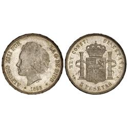 Peseta System: Alfonso Xiii - 5 Pesetas. 1893 (*18-93). P.G.-V. Pátina y brillo originales. BONITA P