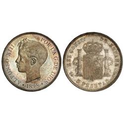Peseta System: Alfonso Xiii - 5 Pesetas. 1898 (*18-98). S.G.-V. Bonita pátina irisada. SC. 