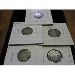 1902, 05, 06, 06 AND 07 BARBER DIMES (5 COINS)