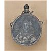 Image 1 : 16th to 17th century iron powderflask, showing  portrait of noblewoman on reverse wearing  4-pointed