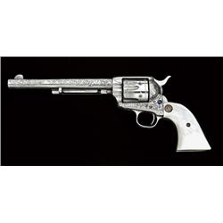 Colt Single Action Army revolver, .45 caliber,  7-1/2” barrel, factory engraved, nickel finish,  med