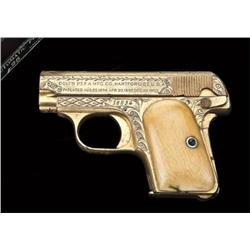 Colt model 1908 .25 caliber semi-automatic pistol,  factory engraved, rich gold finish, pearl grips,