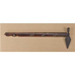 Important and early pipe tomahawk with spontoon  head, tacked shafted, pewter tokens, embosses  spot