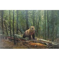 Original oil painting on artist’s board by Michael  Coleman titled “Bear in the Rockies”. Approx. 21