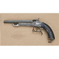 High quality double-barrel antique cartridge-era  blackpowder pistol with highly engraved frame,  ra