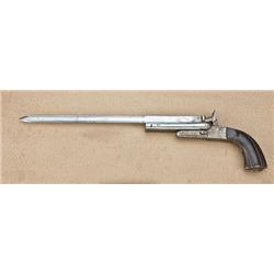 Double-barrel pinfire pistol circa 1850’s - 60’s.  Crude Belgian or Spanish manufacture. Approx. .45