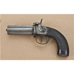 Remarkable double-hammer, hand-revolved pepperbox  type pistol signed C. Lancaster, London, on ribs 