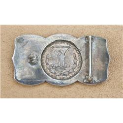 Early Bohlin Sterling Silver hand-engraved belt  buckle with silver dollar center and initials “MP” 