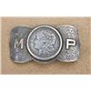 Image 2 : Early Bohlin Sterling Silver hand-engraved belt  buckle with silver dollar center and initials “MP” 