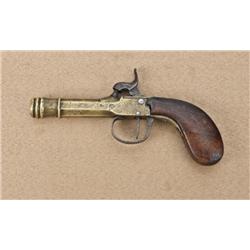 Belgian center-hammer percussion pistol with  bell-mouth canon type barrel, full brass  construction
