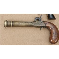 Bell-mouth canon barrel large pocket pistol circa  1850, brass barrel and frame, rounded wood grip, 