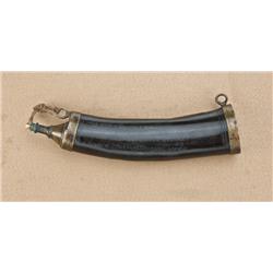 Handmade European powder horn, horn body, handmade  brass fittings. Carved with block letters  “Elis