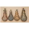 Image 1 : Lot of 4 19th century shotgun flasks. 1) marked  American Flask & Cap Co, measuring 8-5/8” from tip 