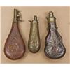 Image 1 : Lot of four flasks including 1) Embossed pistol  flask with peacock design, type used with Colt  roo