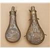 Image 1 : Lot of two high-quality powder flasks. 1) J. W.  Hawksley shotgun flask showing stag and leaf  embos