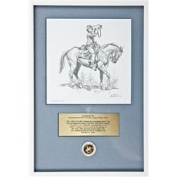 Framed print, 1995 by Don Troiani showing bugler  on horseback, with commemorative US coin with same