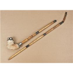 Early to mid 19th century European smoking pipe  with silver mounted merscham body, turned wood  ste