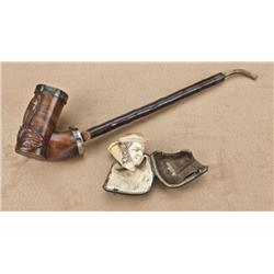 Large hand-carved and silver mounted meerschaum  pipe, eagles on front, Civil War era, approx.  4-1/
