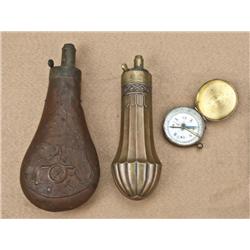 Lot of two powder flasks and compass, 1) American  Cap & Flask Co. showing stand of arms and cross  