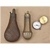 Lot of two powder flasks and compass, 1) American  Cap & Flask Co. showing stand of arms and cross  