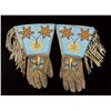 Image 1 : Pair of nicely beaded gauntlets showing florals  and fringe on buckskin with tradecloth interiors  c