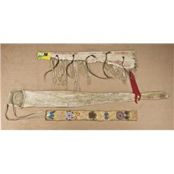 Lot of beaded American artifacts consisting of a  carbine scabbard, with hair drops, red okra color,