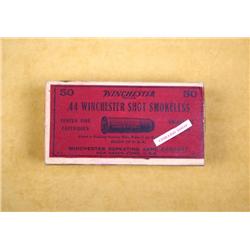 Full open box of .44 Winchester shot cartridges,  showing red and purple labels, fine to excellent  