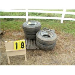 Qty of 8 trailer house tires & rims/bug light