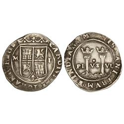 SPANISH MONARCHY: IOHANNA AND CHARLES - 1 Real. MÉXICO. L. Anv.: M-escudo-L. Rev.: Punto entre colum