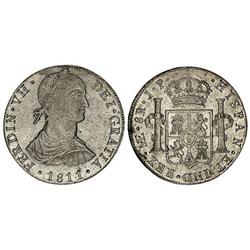 SPANISH MONARCHY: FERDINAND VII - 8 Reales. 1811. LIMA. J.P. Brillo original. Busto indígena. (Leve 
