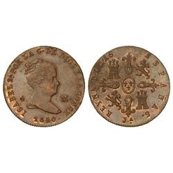 SPANISH MONARCHY: ELISABETH II - 4 Maravedís. 1850/40. JUBIA. Cal-520 Var. sobrefecha. EBC/EBC+. 
