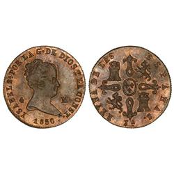 SPANISH MONARCHY: ELISABETH II - 4 Maravedís. 1850. JUBIA. Restos de brillo original. Pátina. Cal-52