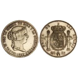 SPANISH MONARCHY: ELISABETH II - 20 Reales. 1859. (MADRID). 24,96 grs. AR. PRUEBA no adoptada realiz