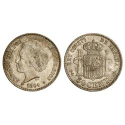 PESETA SYSTEM: ALFONSO XIII - 50 Céntimos. 1894 (*9-4). P.G.-V. Parte de brillo original. SC-. 