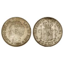 PESETA SYSTEM: ALFONSO XIII - 50 Céntimos. 1894 (*9-4). P.G.-V. Parte de brillo original. EBC+. 