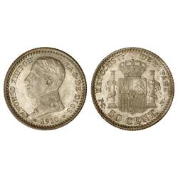 PESETA SYSTEM: ALFONSO XIII - 50 Céntimos. 1910 (*1-0). P.C.-V. Pleno brillo original. SC. 
