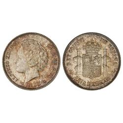 PESETA SYSTEM: ALFONSO XIII - 1 Peseta. 1893 (*18-93). P.G.-L. Preciosa pátina. Brillo original. SC.